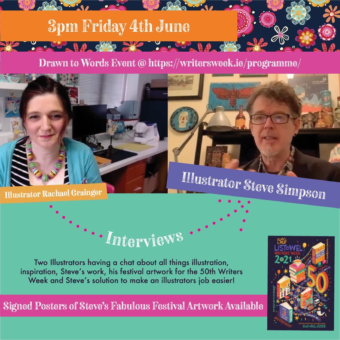 3pm Friday, I’ll be chatting to @stevesimpson about his work, inspiration, cool projects and making a living as an illustrator for this years #listowelwritersweek. Full programme and tickets available for this virtual event @writers week https://writersweek.ie/programme/  #illustration #irishillustrators #irishillustration #illustratorsofinstagram #artistinterview #illustratorinterview #illustratorinterviews #artistinterviews #lifeasanillustrator #listowel